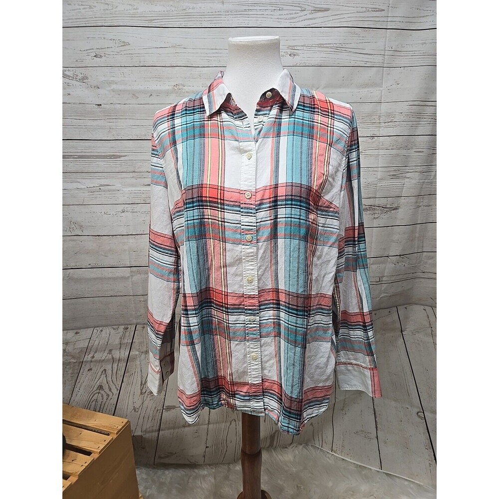 Talbots Shirt Women Sz Large Green Plaid Top Button Up Long Sleeve Casual Preppy
